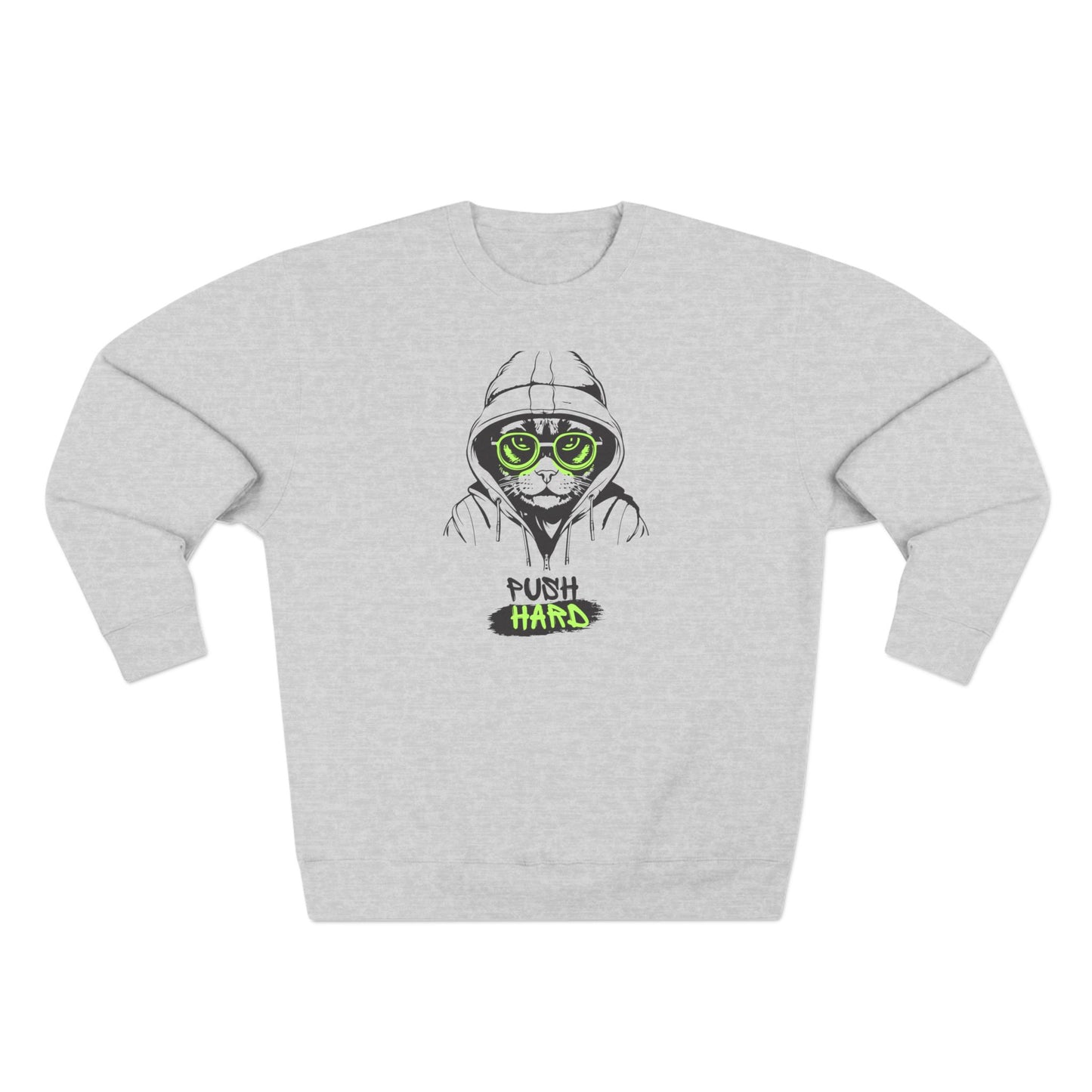 Green-Eyed Cat Graphic and ‘Push Hard’ Slogan Unisex Crewneck Sweatshirt - Casual Wear