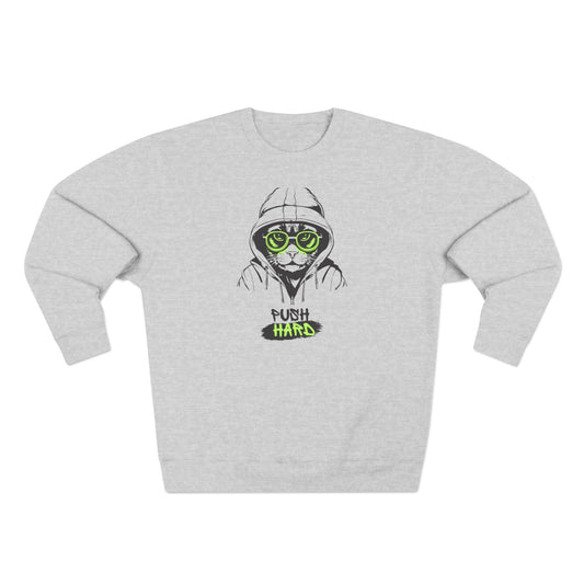 Green-Eyed Cat Graphic and ‘Push Hard’ Slogan Unisex Crewneck Sweatshirt - Casual Wear