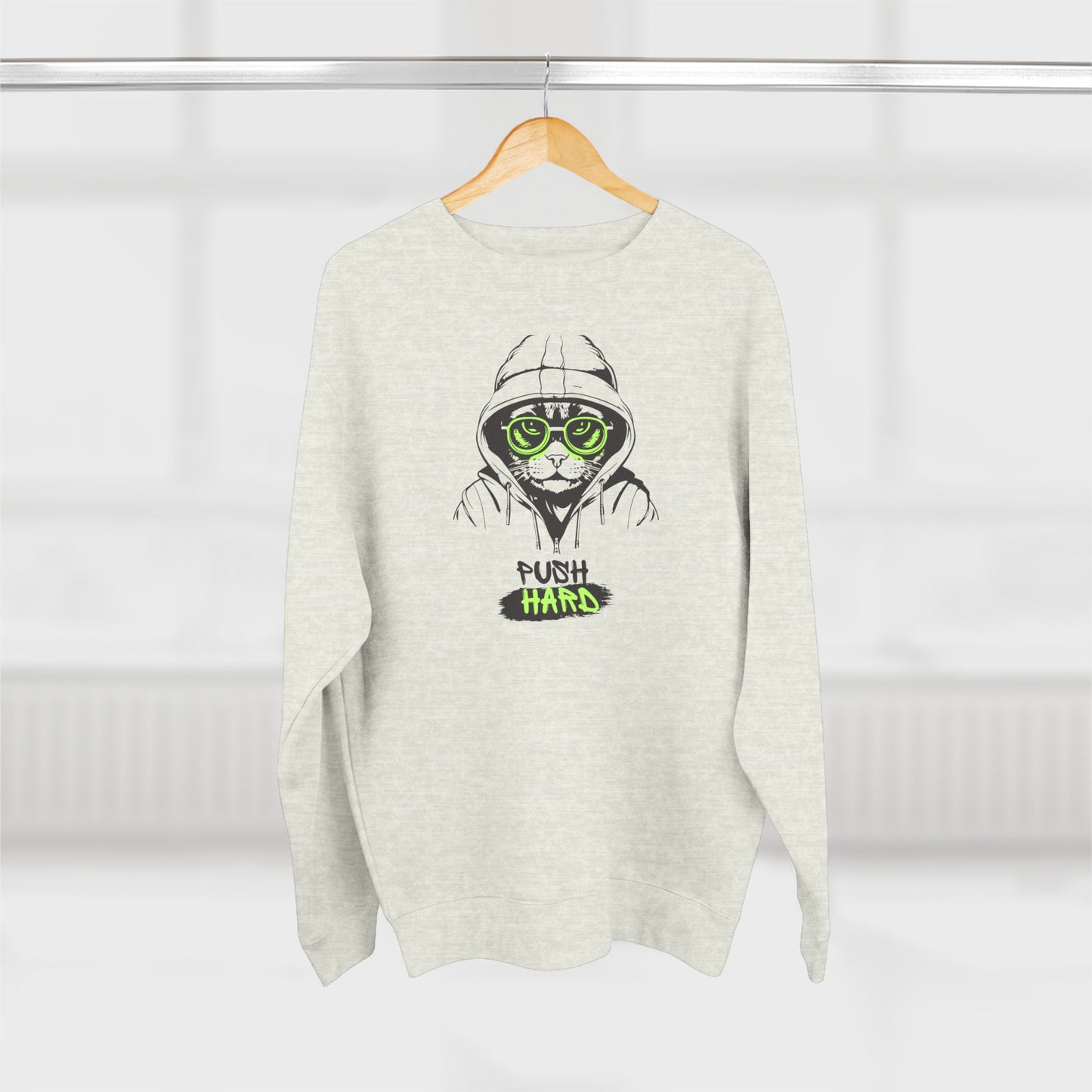 Green-Eyed Cat Graphic and ‘Push Hard’ Slogan Unisex Crewneck Sweatshirt - Casual Wear