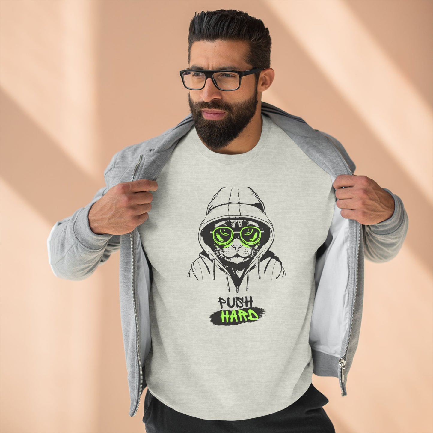 Green-Eyed Cat Graphic and ‘Push Hard’ Slogan Unisex Crewneck Sweatshirt - Casual Wear