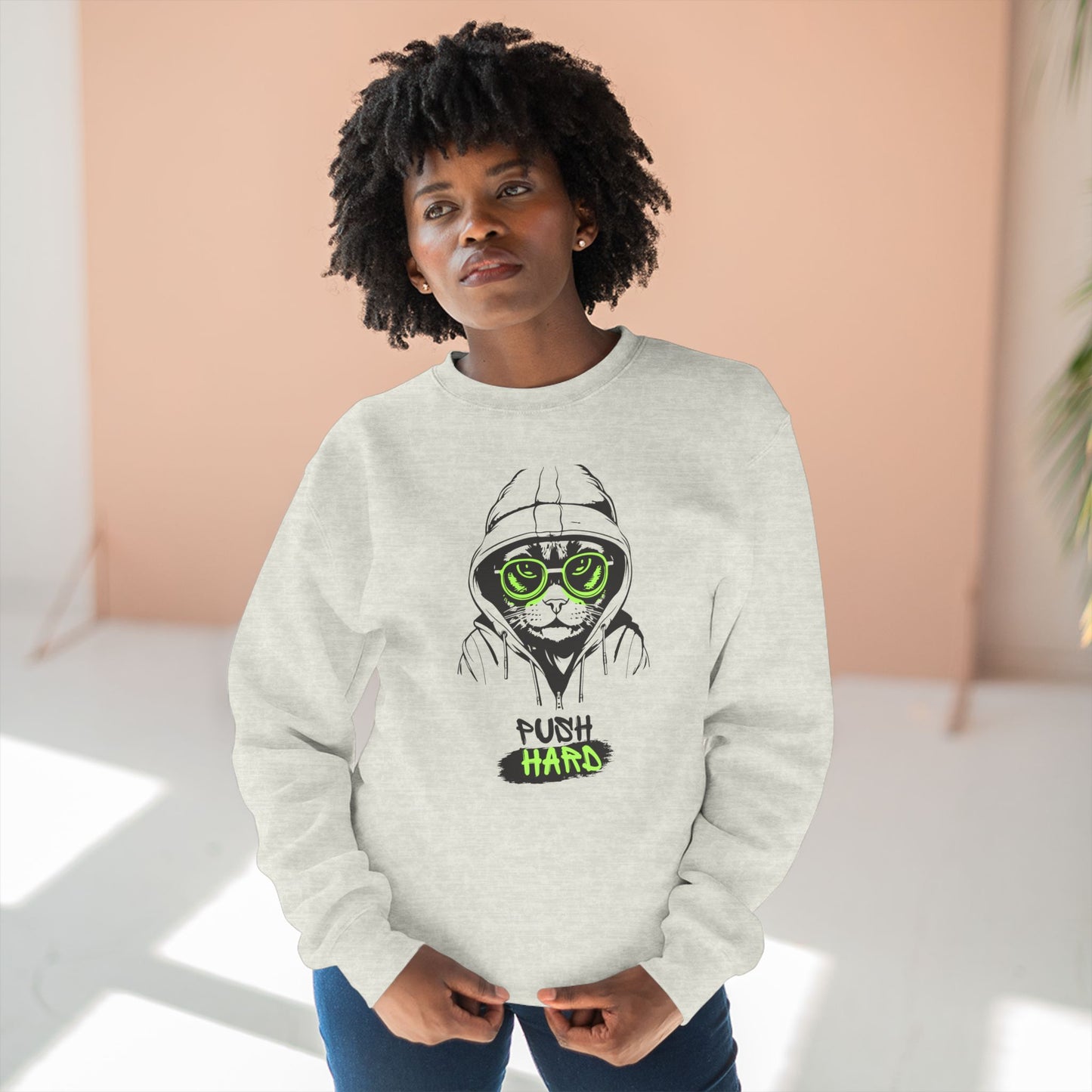 Green-Eyed Cat Graphic and ‘Push Hard’ Slogan Unisex Crewneck Sweatshirt - Casual Wear