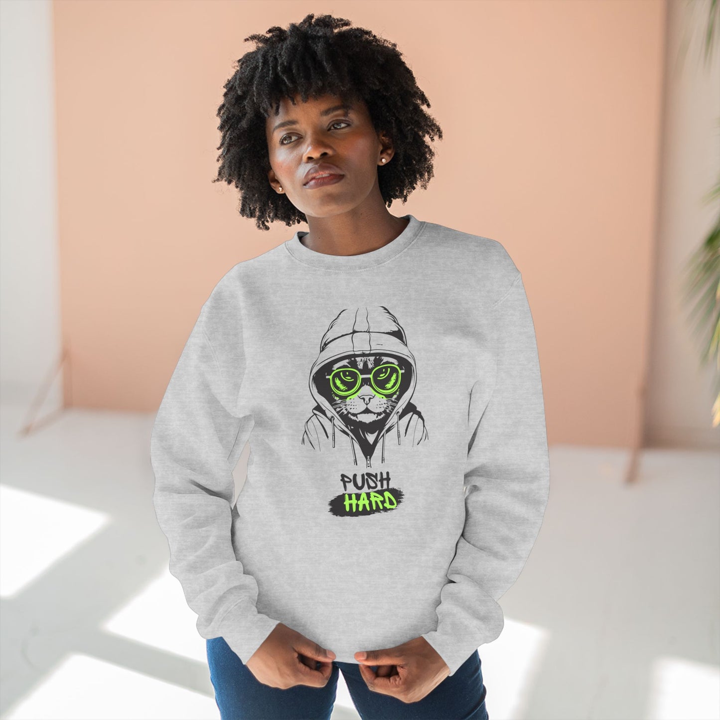 Green-Eyed Cat Graphic and ‘Push Hard’ Slogan Unisex Crewneck Sweatshirt - Casual Wear