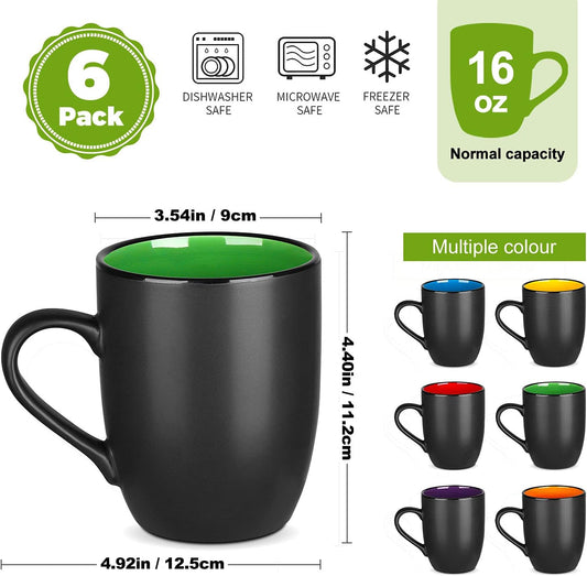 6 Pack Large Coffee Mug Set 16 Ounces, Matte Black Porcelain Mug Large-Sized Ceramic Restaurant Drinking Cups for Coffee, Tea, Juice, Cocoa