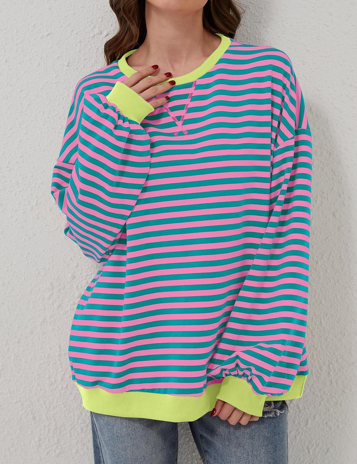 Women Oversized Striped Color Block Long Sleeve Crew Neck Sweatshirt Casual Loose Pullover Y2K Shirt Top