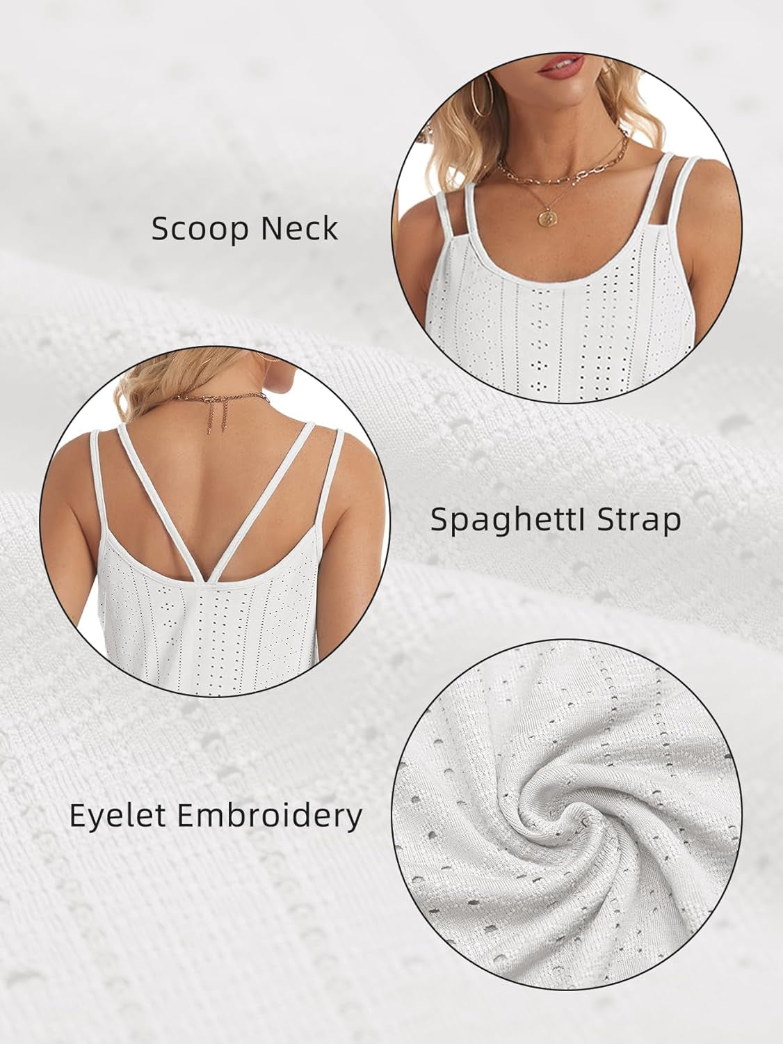 Women'S Tank Tops Eyelet Embroidery Sleeveless Spaghetti Strap Tops Scoop Neck Sexy Loose Fit Casual Summer