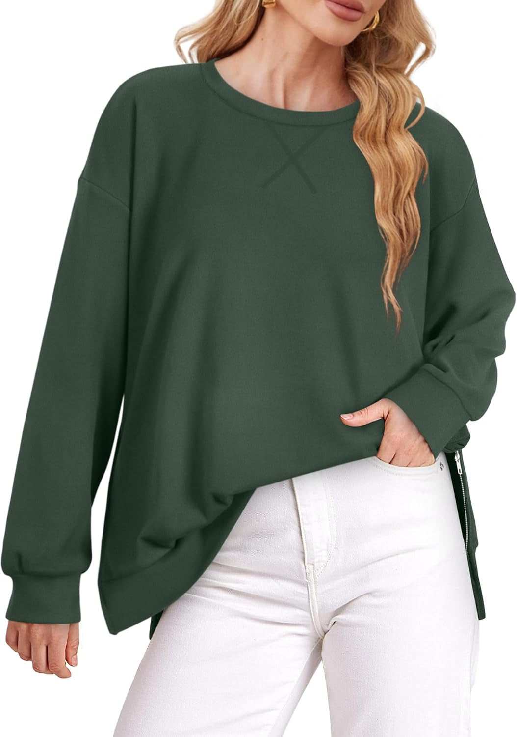 Women'S Oversized Lightweight Sweatshirt with Side Slit Zipper Soft Crew Neck Pullover Long Sleeve Tops 2024 Fashion