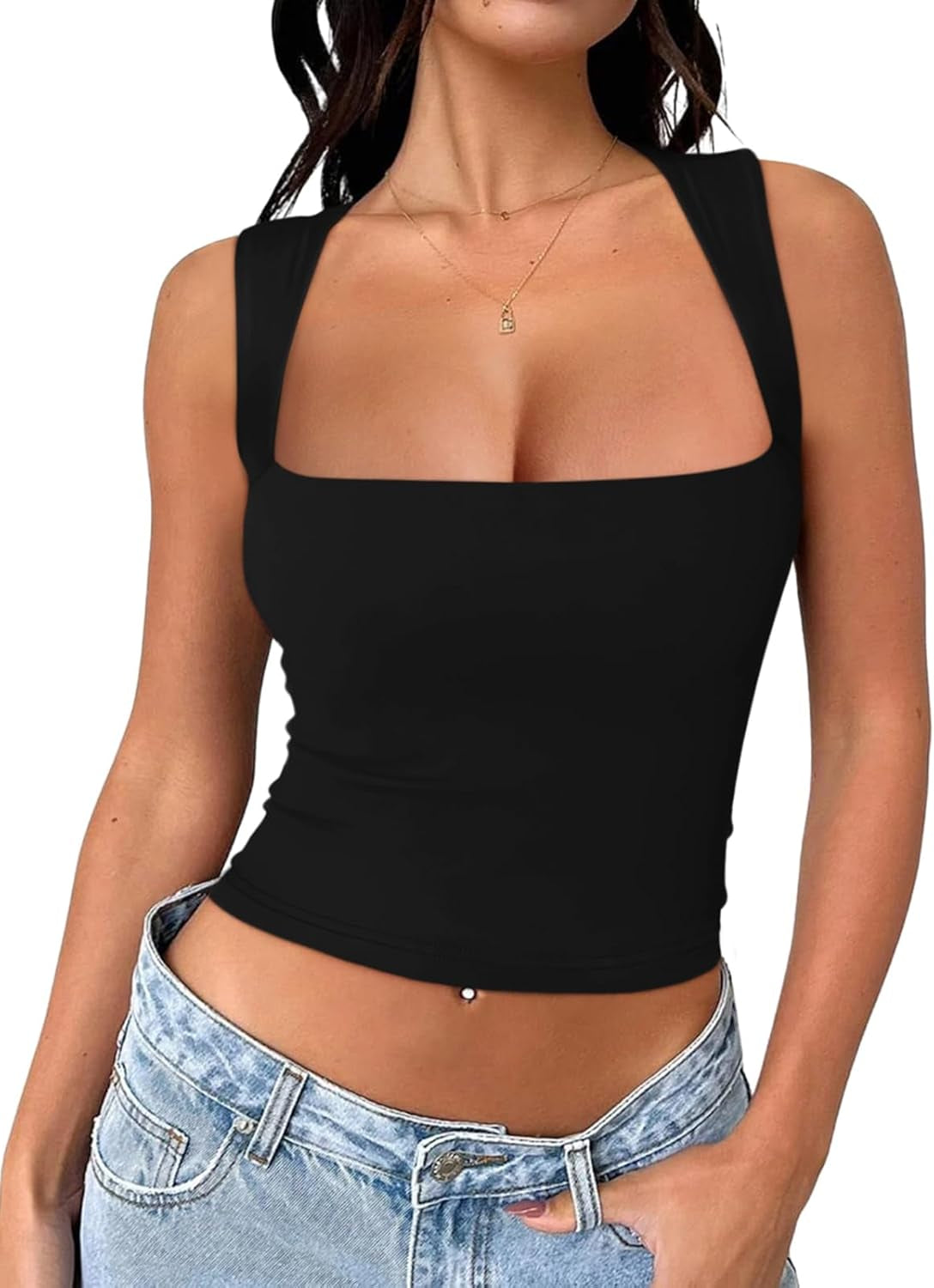 Butsmooth® Women'S Square Neck Going Out Crop Tops Double Lined Cute Basic Tank Tops 2024 Clothes