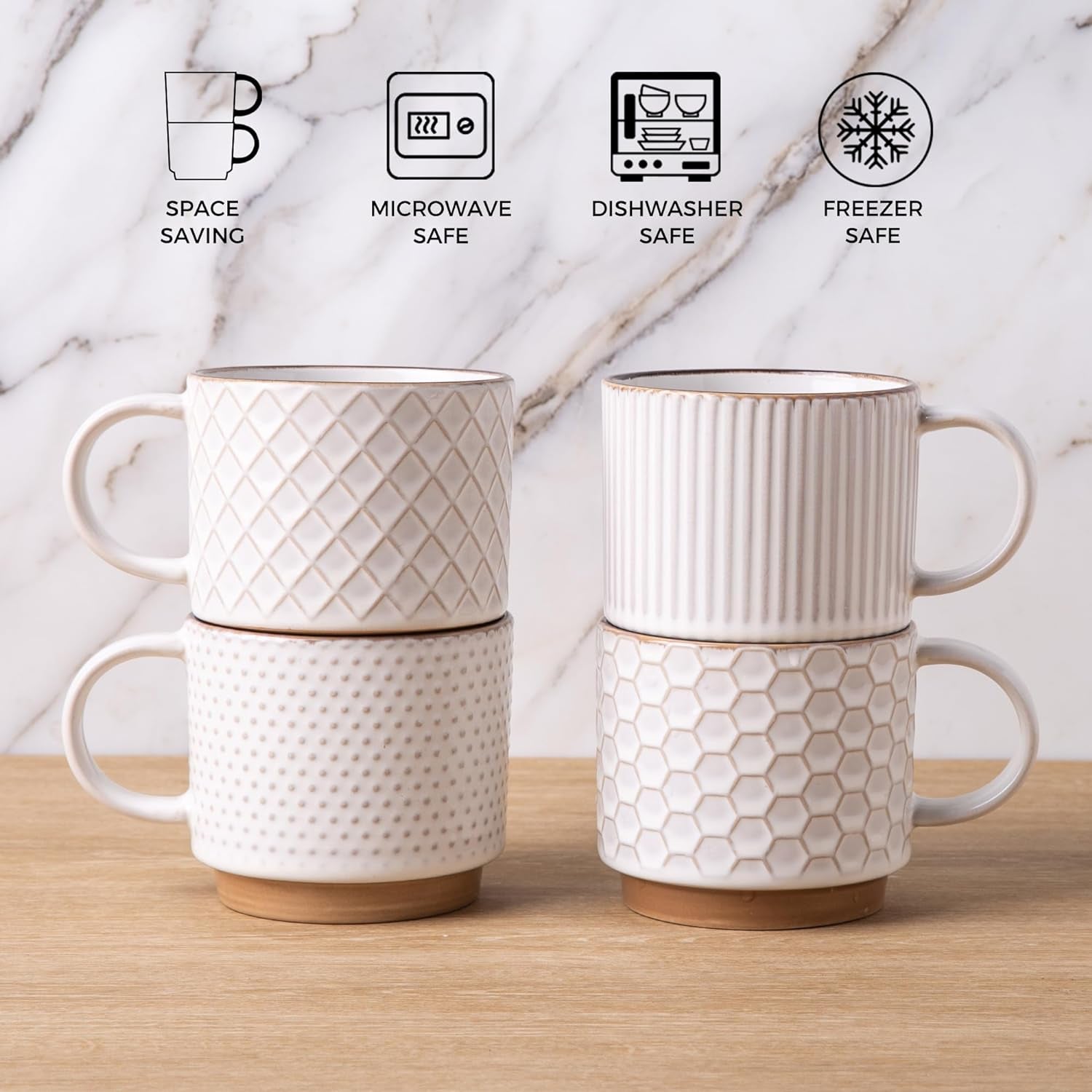 12OZ Stackable Coffee Mugs, Ceramic Coffee Mugs with Texture Patterns for Man,Woman,Dad,Mom, Modern Coffee Mugs Set of 4 for Latte/Cappuccino/Cocoa. Dishwasher&Microwave Safe, off White