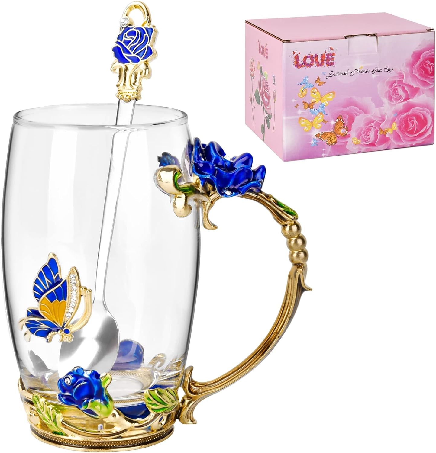 Gifts for Mom Women Mothers Day Glass Coffee Enamels Mug Best Birthday Butterfly Rose Gifts for Her from Daughter Son Lead-Free Valentines Day Christmas Blue Tea Cup with Spoon Set