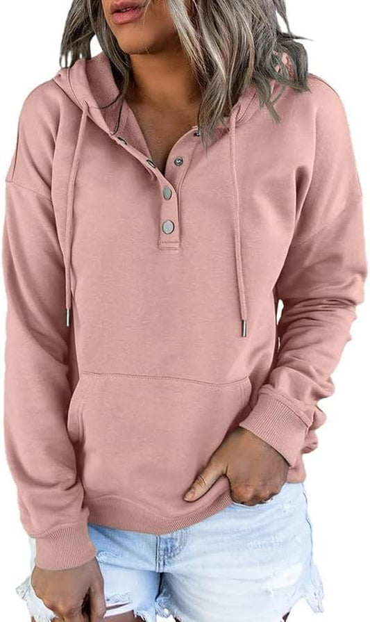 Womens 2024 Hoodies Button Collar Drawstring Hooded Pullover Sweatshirt Casual Long Sleeve Tops Shirts