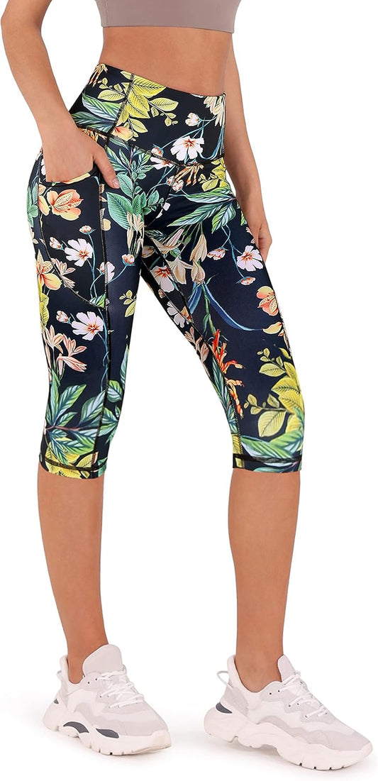 Women'S High Waisted Yoga Capris with Pockets, Tummy Control Non See through Workout Athletic Running Capri Leggings