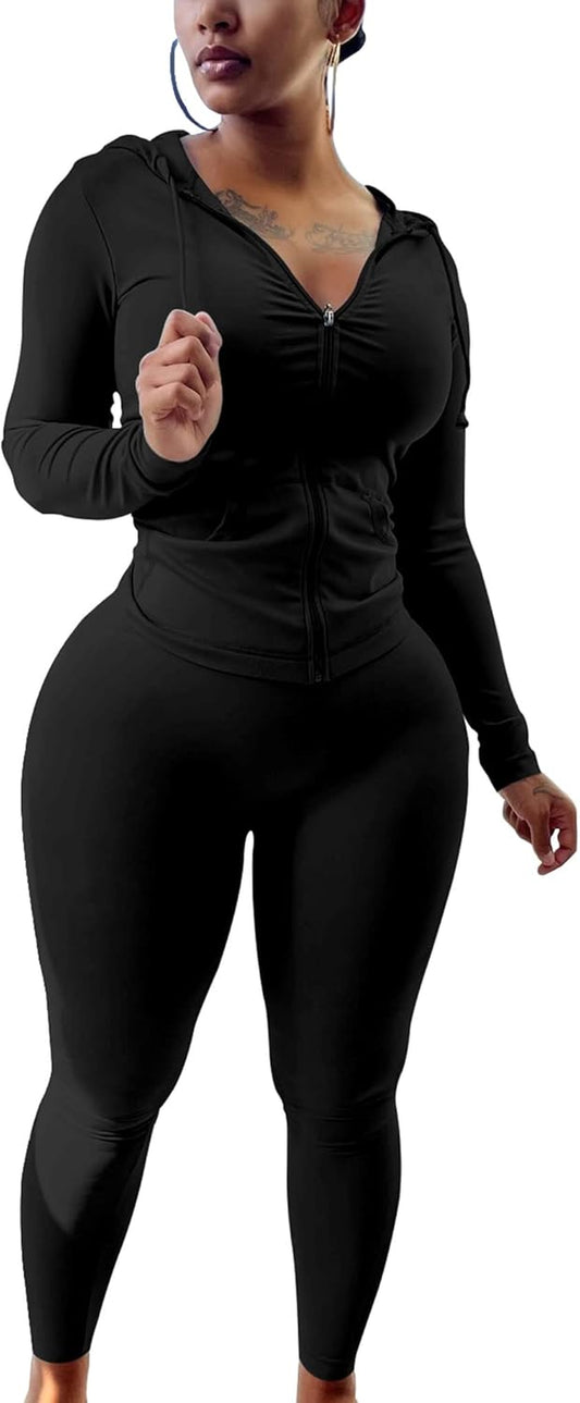 Women Two Piece Outfits Workout Sets Bodycon Tracksuit Long Sleeve Zip up Hoodie Jacket Jogger Matching Sweat Pants Set