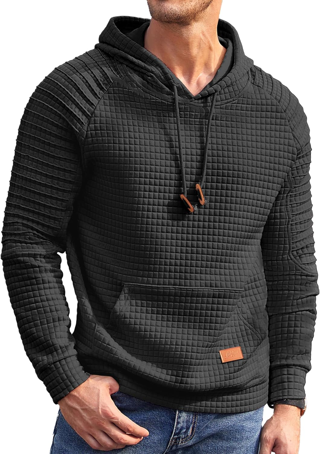 Mens Hoodies Pullover Casaul Long Sleeve Drawstring Waffle Knit Hooded Sweatshirt with Kanga Pocket