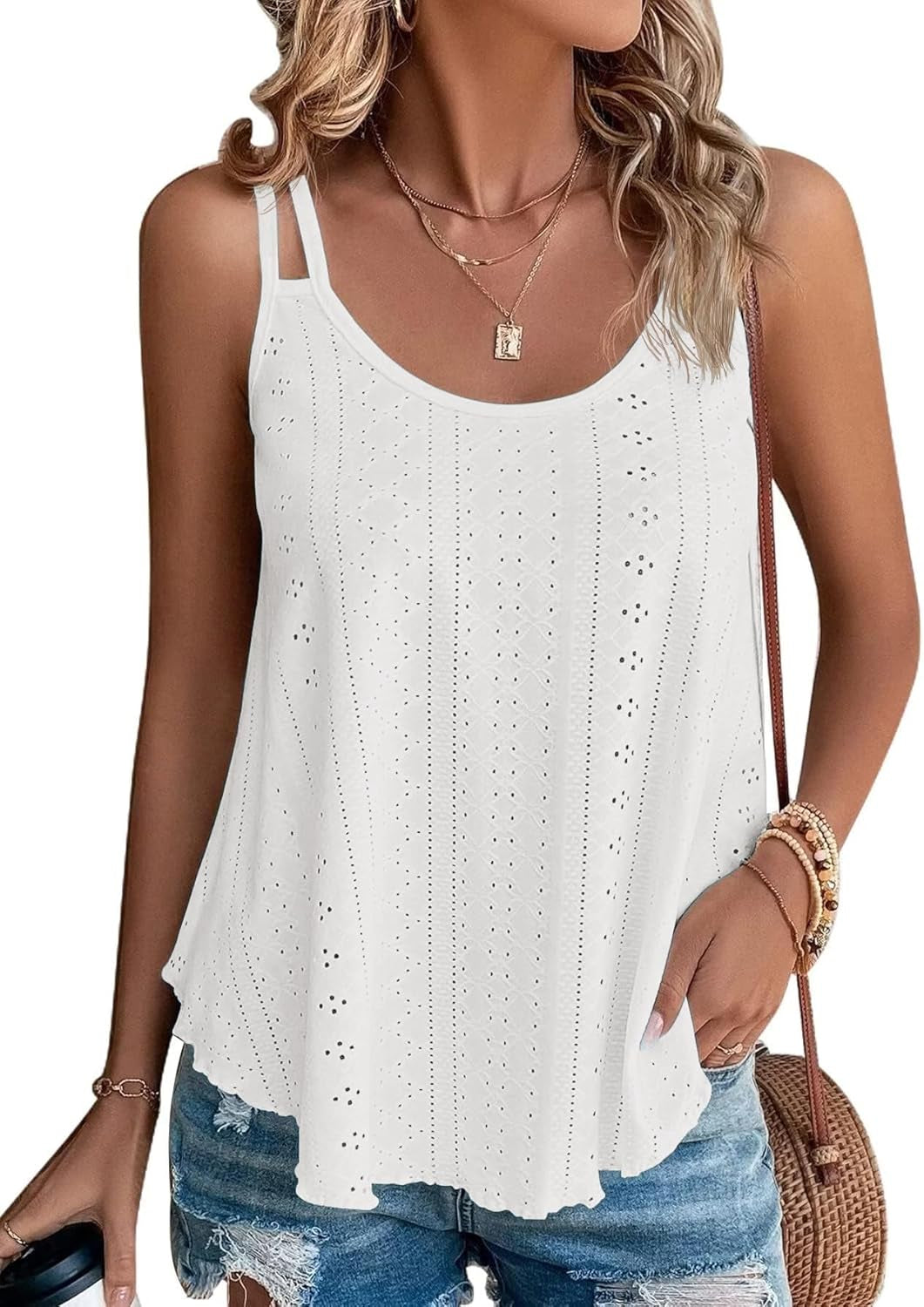 Women'S Tank Tops Eyelet Embroidery Sleeveless Spaghetti Strap Tops Scoop Neck Sexy Loose Fit Casual Summer