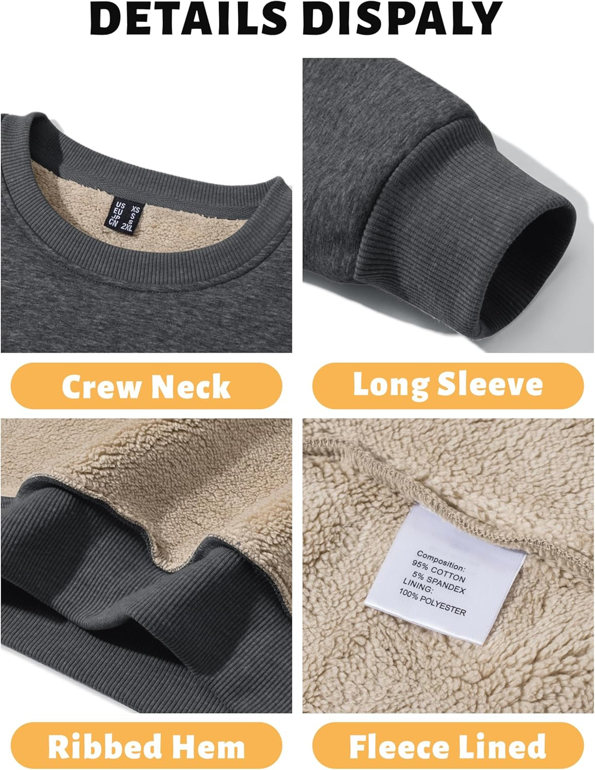 Men'S Crewneck Sweatshirt Warm Sherpa Lined Sweatshirts Heavyweight Long Sleeve Underwear Winter Fleece Pullover