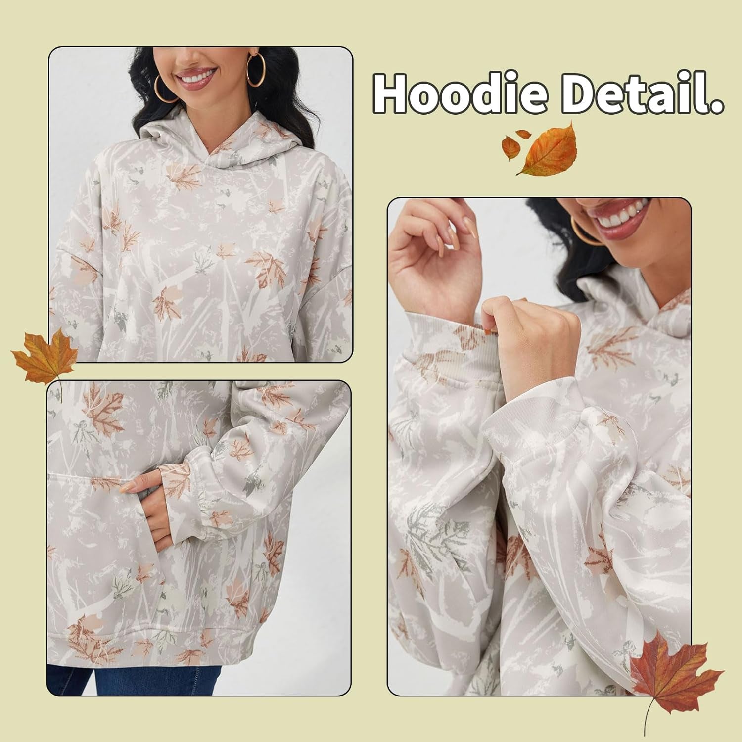 Womens Camo Hoodies Maple Leaf Print Oversized Hooded Sweatshirt Fleece Pullover Sweatshirts Long Sleeve with Pocket