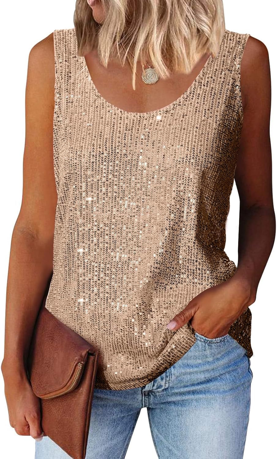 Womens Summer Fashion Sequin Tops Scoop Neck Sequin Sparkle Shimmer Sleeveless Tanks Tops Blouses