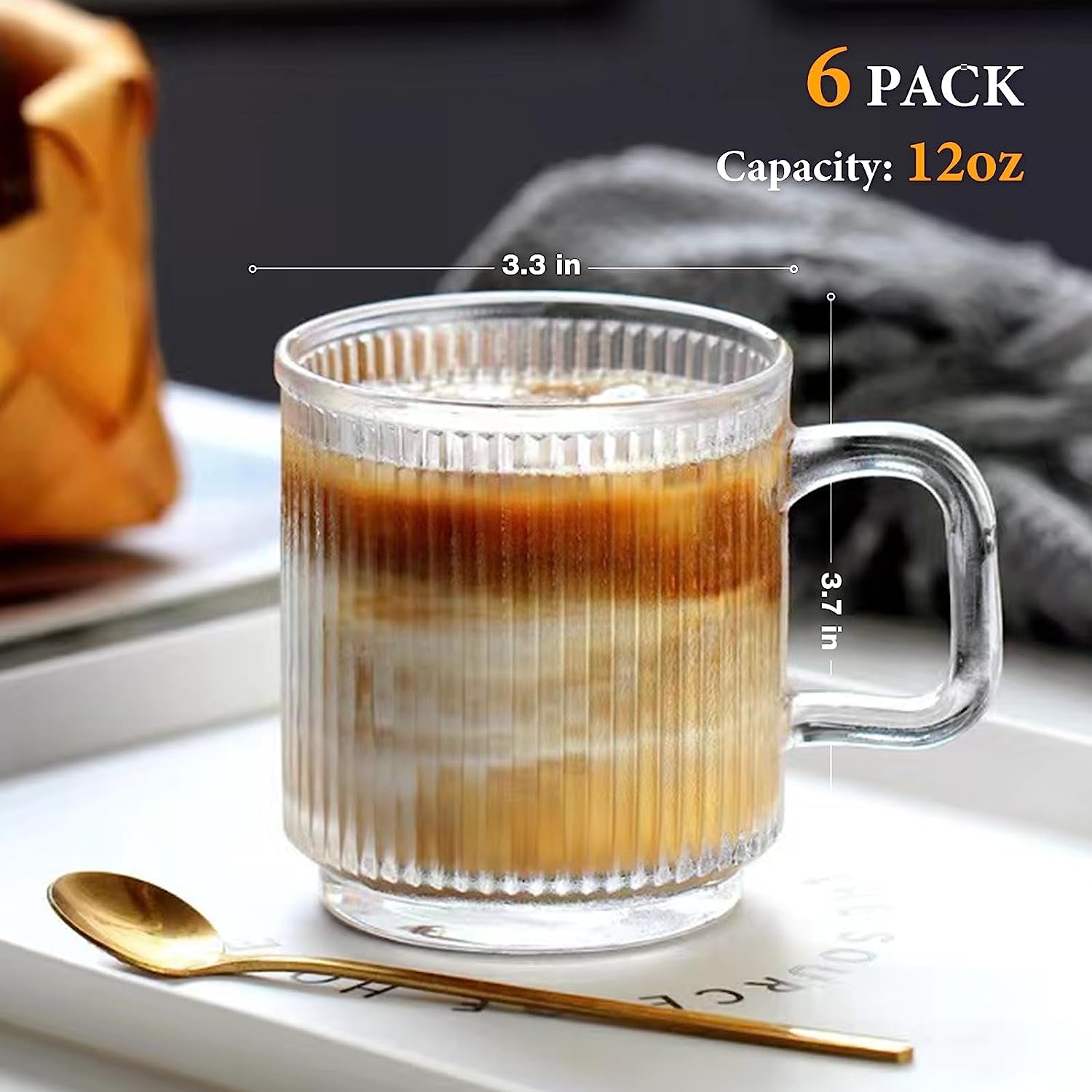 6 PACK Premium Glass Coffee Mugs with Handle, 12 OZ Classic Vertical Stripes Glass Coffee Cups, Transparent Tea Cup for Hot/Cold Beverages, Glassware Set for Americano, Latte, Cappuccino