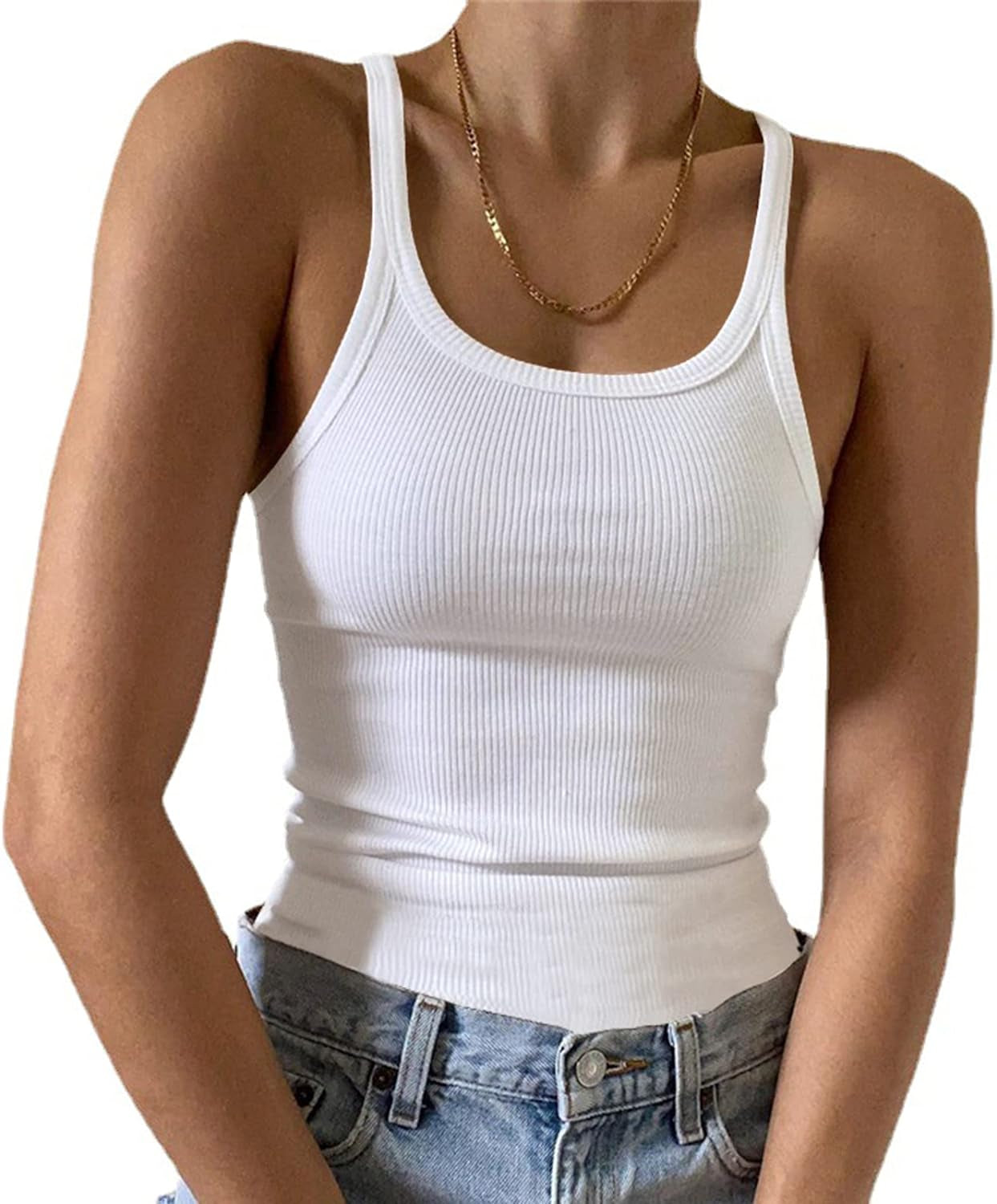 Women'S Sleeveless Tank Top Form Fitting Scoop Neck Ribbed Knit Basic Cami Shirts