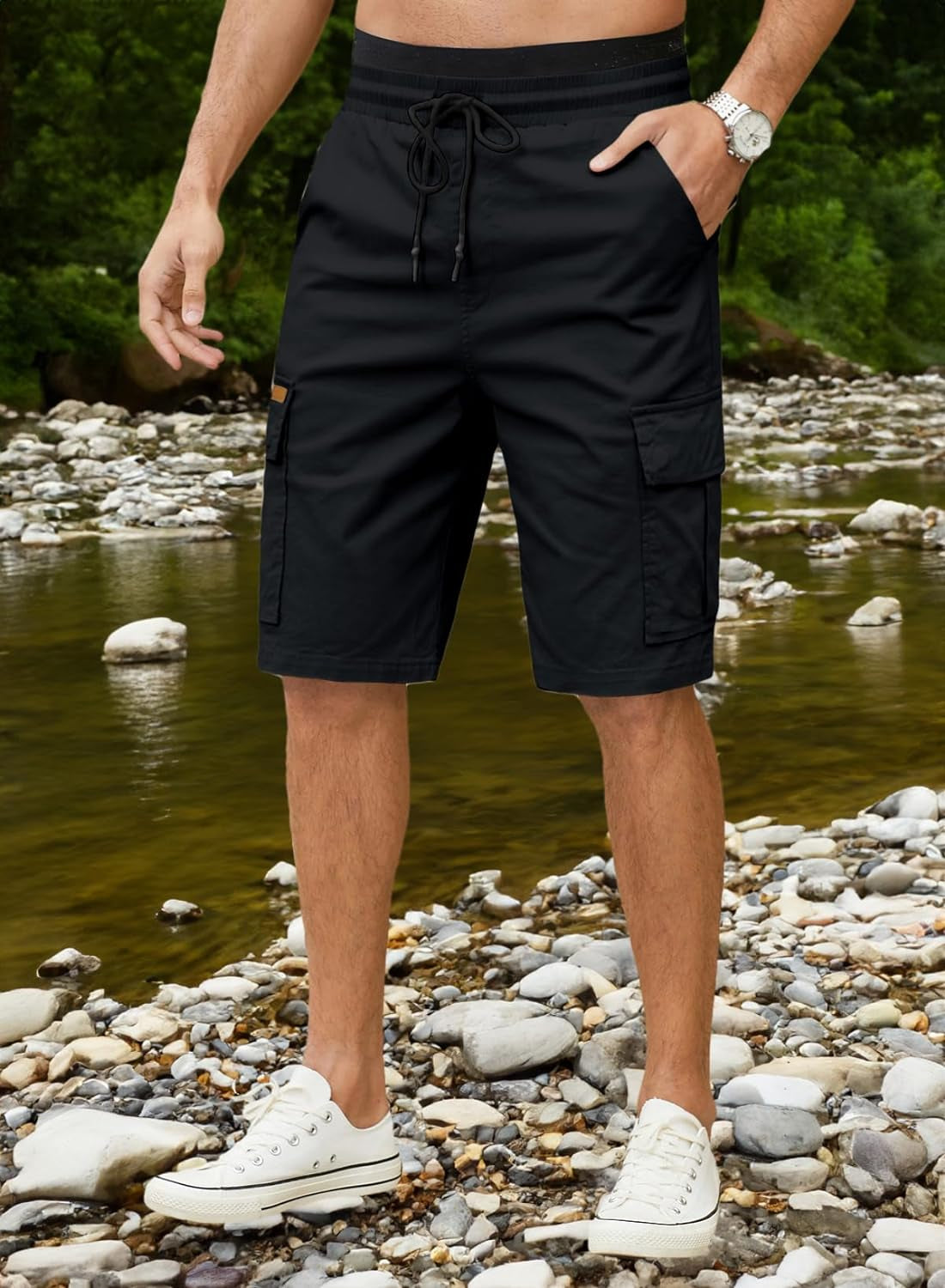 Mens Casual Twill Cargo Shorts Cotton Drawstring Classic Cargo Stretch Short with 6 Pockets