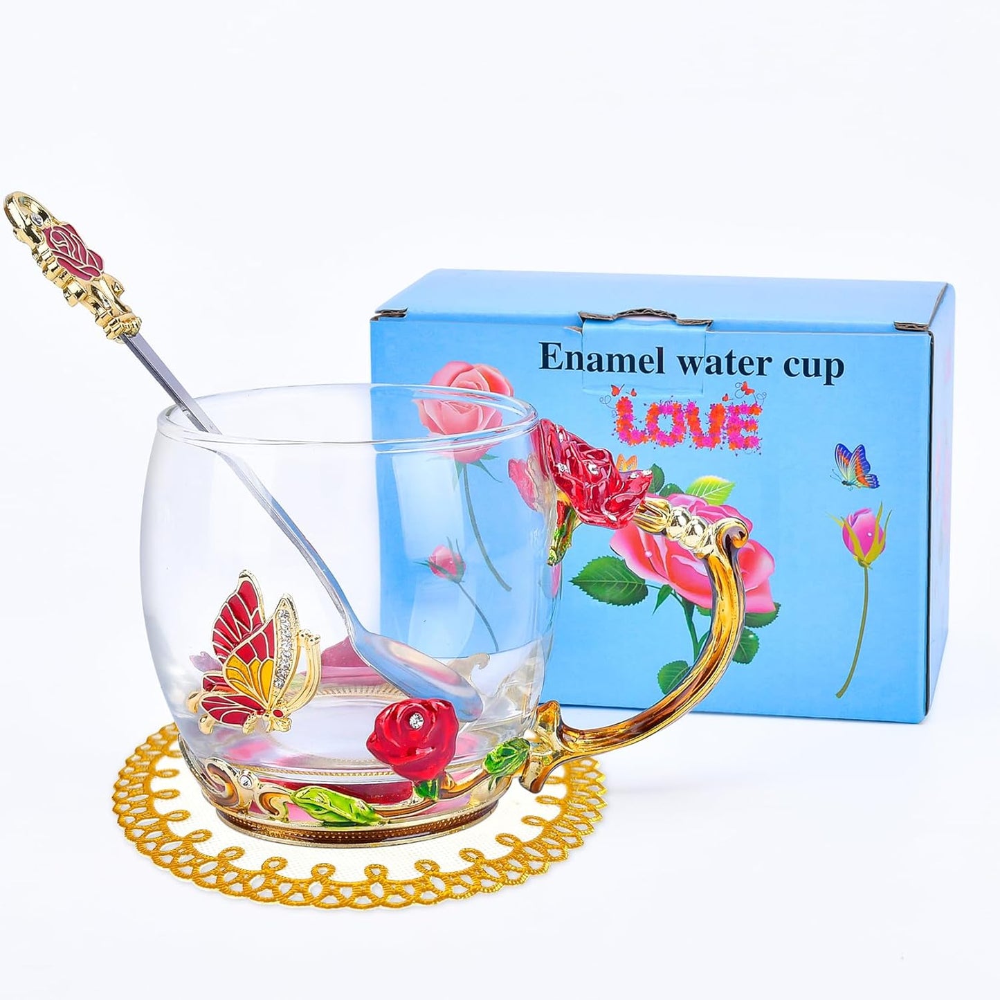 Gifts for Mom Women Mothers Day Glass Coffee Enamels Mug Best Birthday Butterfly Rose Gifts for Her from Daughter Son Lead-Free Valentines Day Christmas Red Tea Cup with Spoon Set