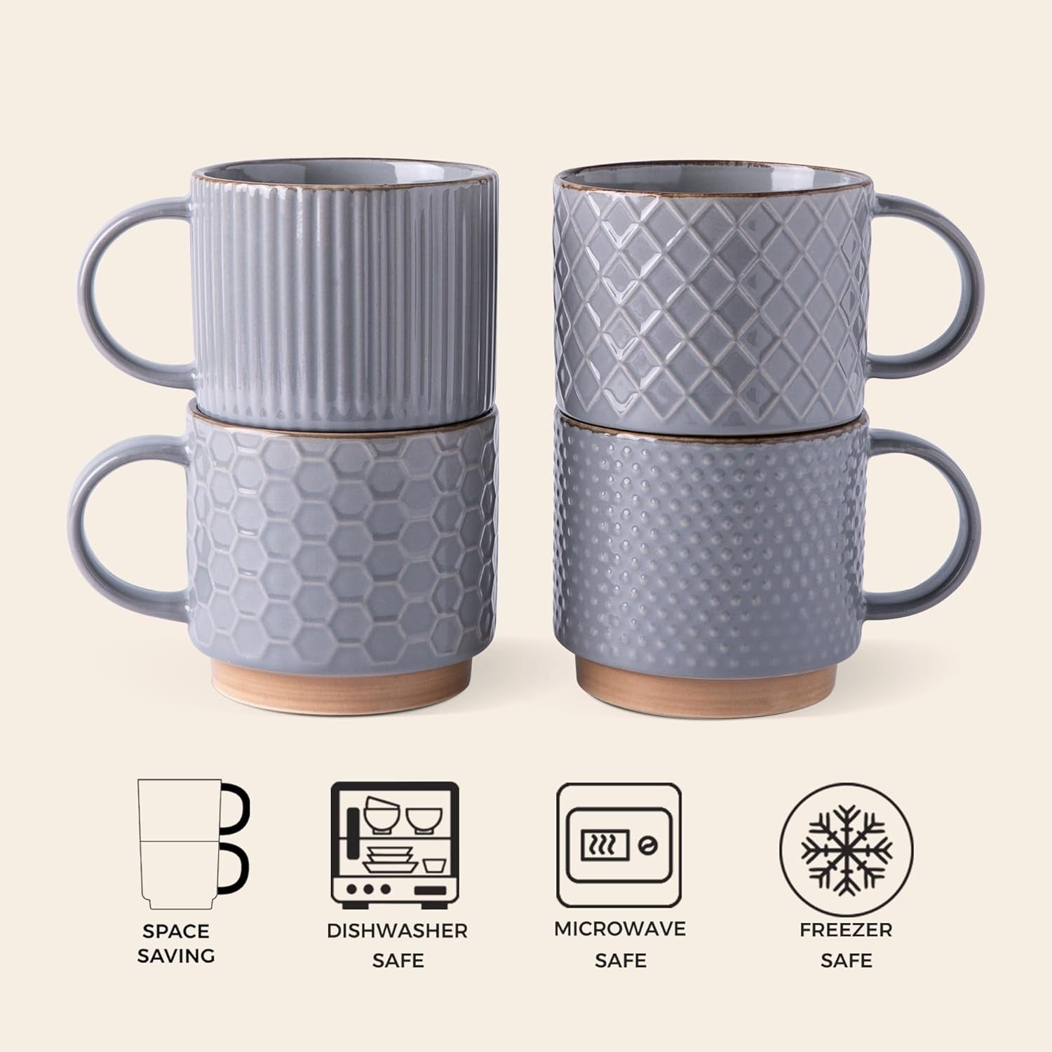 12OZ Stackable Coffee Mugs, Ceramic Coffee Mugs with Texture Patterns for Man,Woman,Dad,Mom, Modern Coffee Mugs Set of 4 for Latte/Cappuccino/Cocoa. Dishwasher&Microwave Safe, Gray