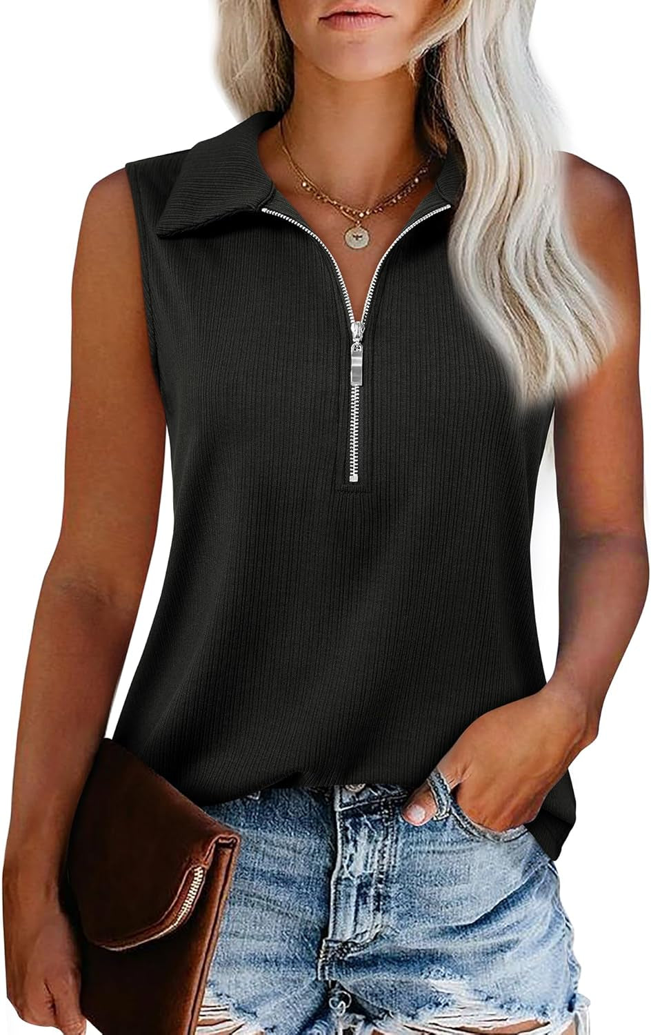 Womens Ribbed Tank Top Zipper V Neck Dressy Casual Blouses Sleeveless Camisole Tops Work Tank Polo Shirts