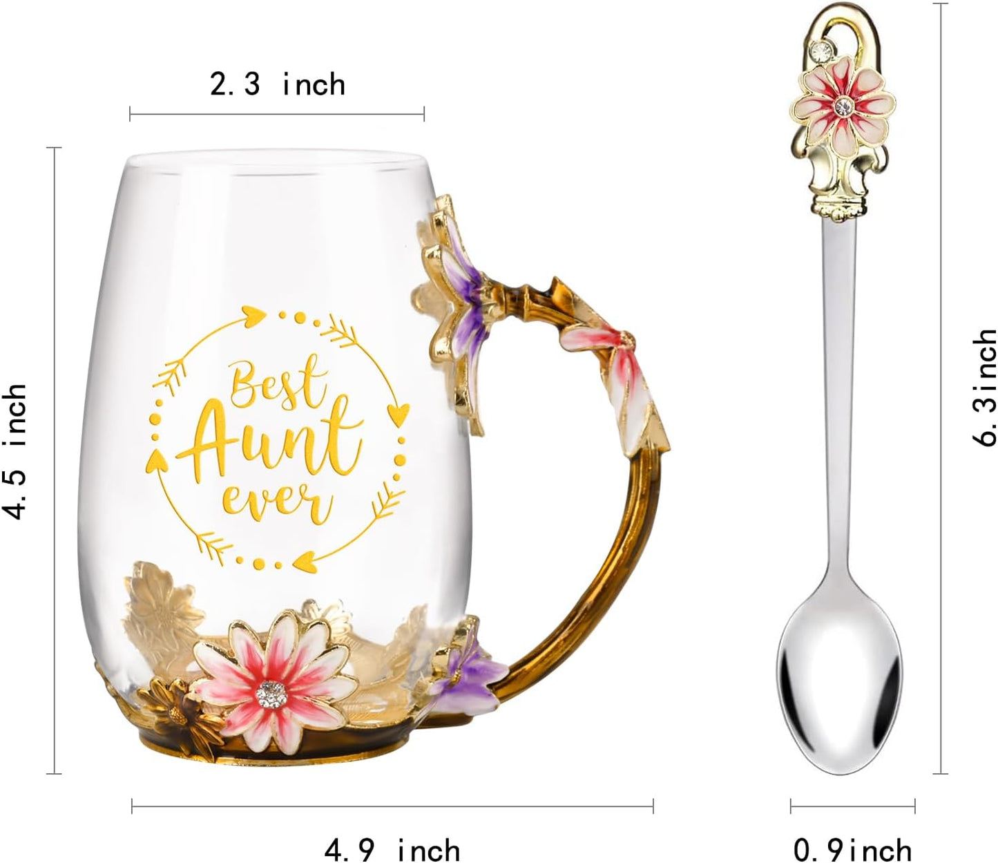 Gifts for Aunt from Niece Nephew Tea Cup Cool Aunt Gifts Aunt Birthday Gift Enamel Flower Glass Mugs Christmas Mothers Day New Aunt Announcement Promoted to Aunt