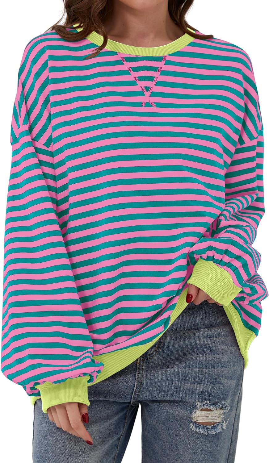 Women Oversized Striped Color Block Long Sleeve Crew Neck Sweatshirt Casual Loose Pullover Y2K Shirt Top