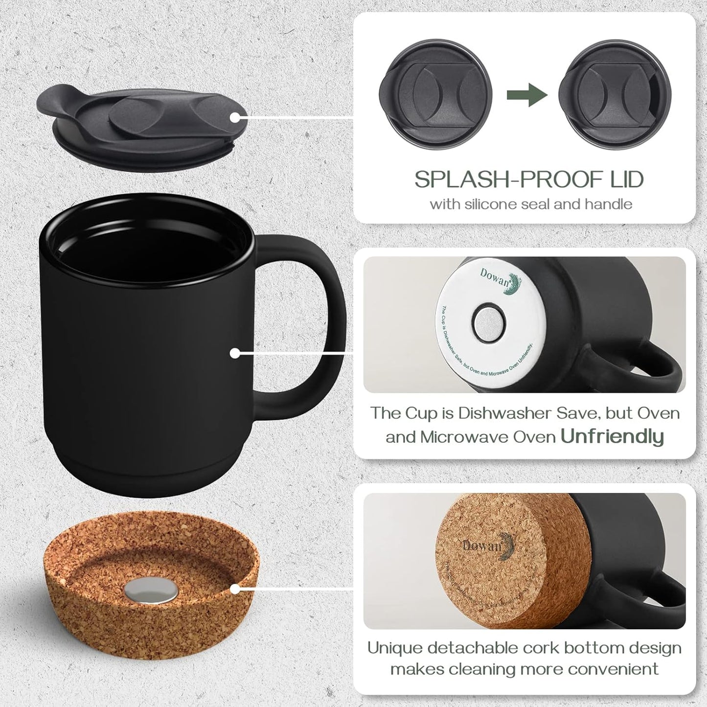 Coffee Mugs Set of 2, 15 OZ Coffee Mug with Cork Bottom and Splash Proof Lid, Ceramic Mug with Large Handle for Men, Women, Hot Chocolate Mugs, Mugs Set for Coffee Tea Latte, Matte Black