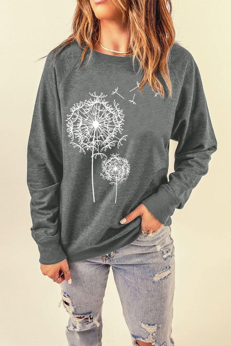 Womens Dandelion Sweatshirt Casual Crewneck Loose Pullover Tops Long Sleeve Graphic Tee Shirt Blue