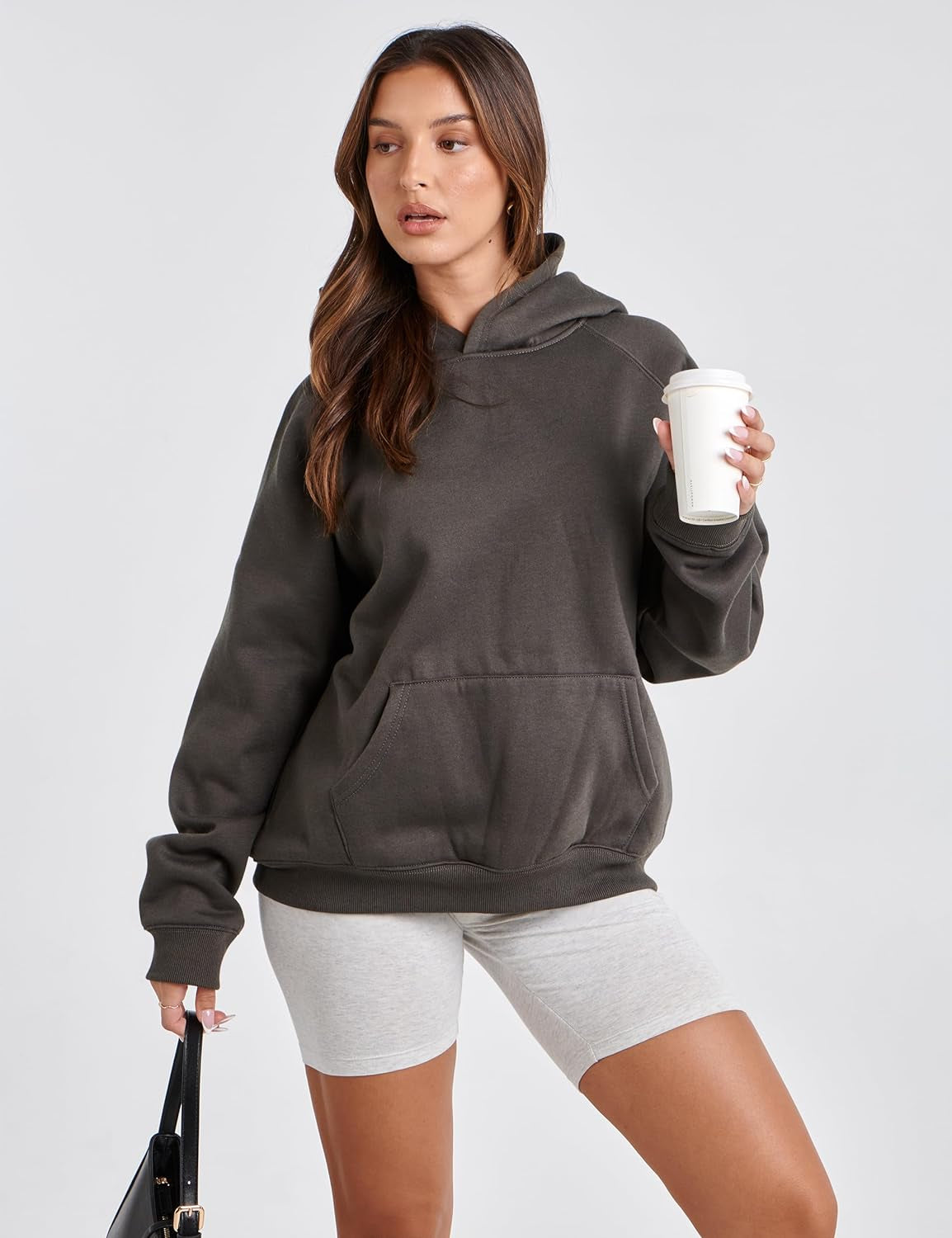 Women Solid Basic Fleece Letter Loose Hoodie Sweatshirt Long Sleeve Kangaroo Pocket Drop Shoulder Pullovers Top