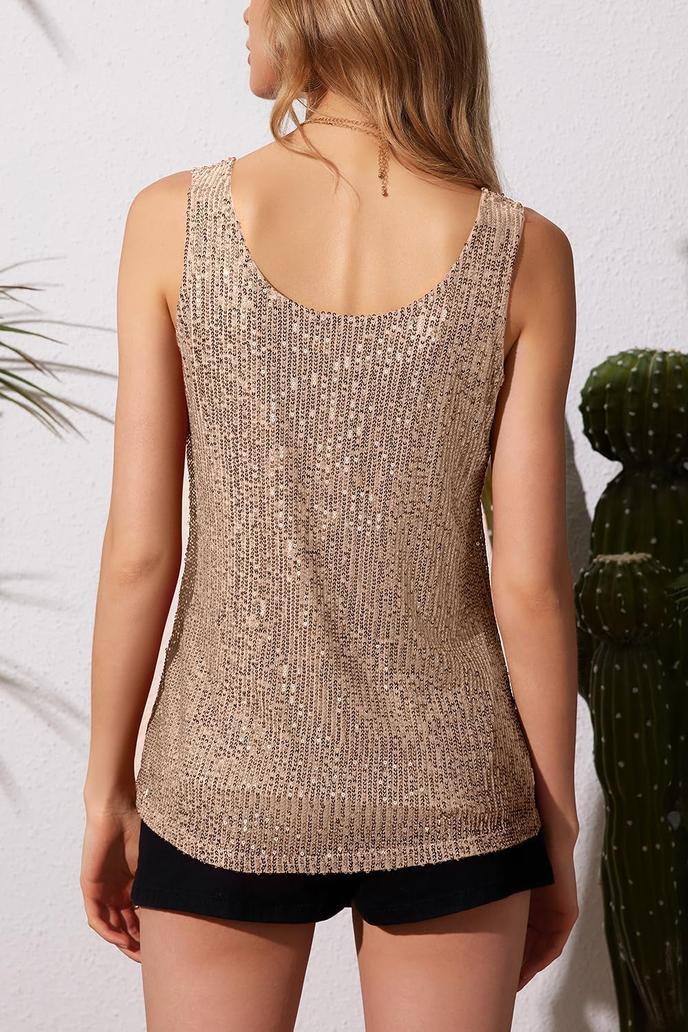 Womens Summer Fashion Sequin Tops Scoop Neck Sequin Sparkle Shimmer Sleeveless Tanks Tops Blouses